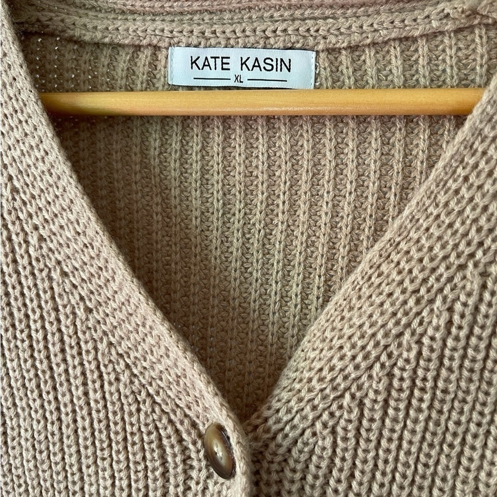 Kate Kasin Size XL Button Up Knit Cardigan Long Sleeves Wide Waist Band Tan - Picture 3 of 6